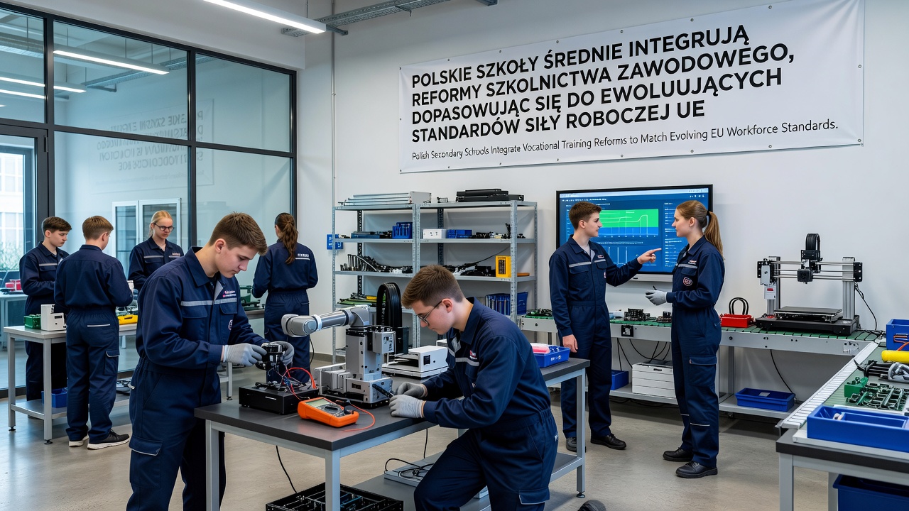 Classroom scene in a Polish vocational secondary school with students using updated training equipment for EU-aligned skills